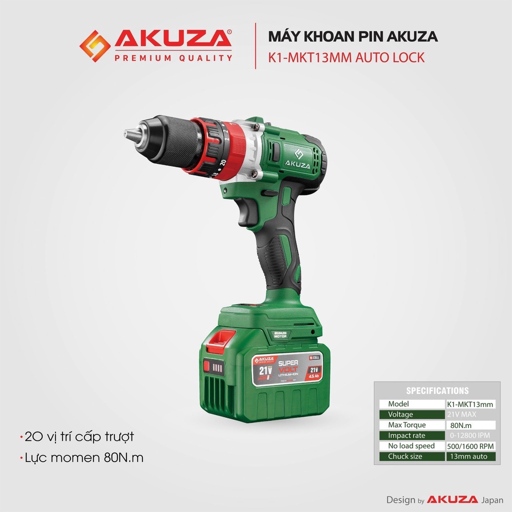 Máy khoan pin 15 cell Akuza đầu auto lock 13mm không chổi than có búa - Máy khoan tắc động siêu khoẻ, siêu bền