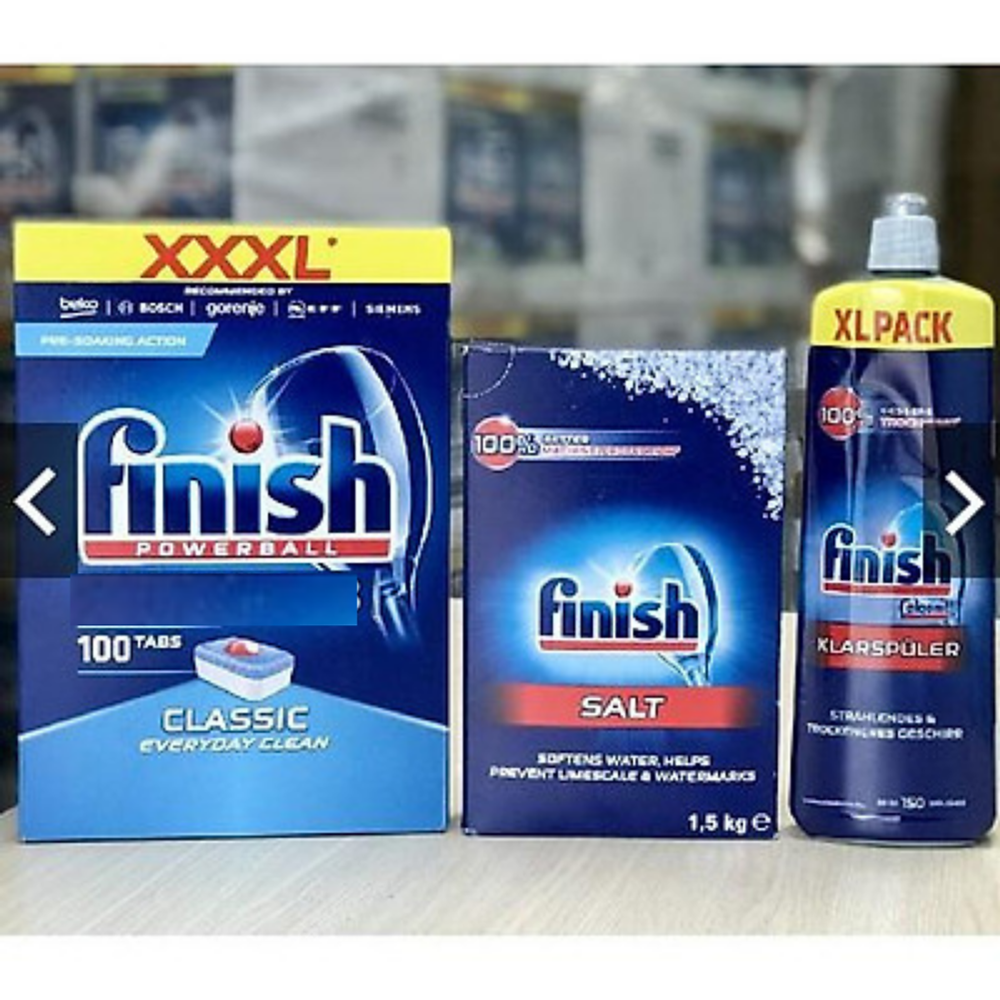 Combo 100 viên rửa bát Finish + 1.5kg Muối rửa chén finish + Nước bóng Finish 750ml (Nk Đức)