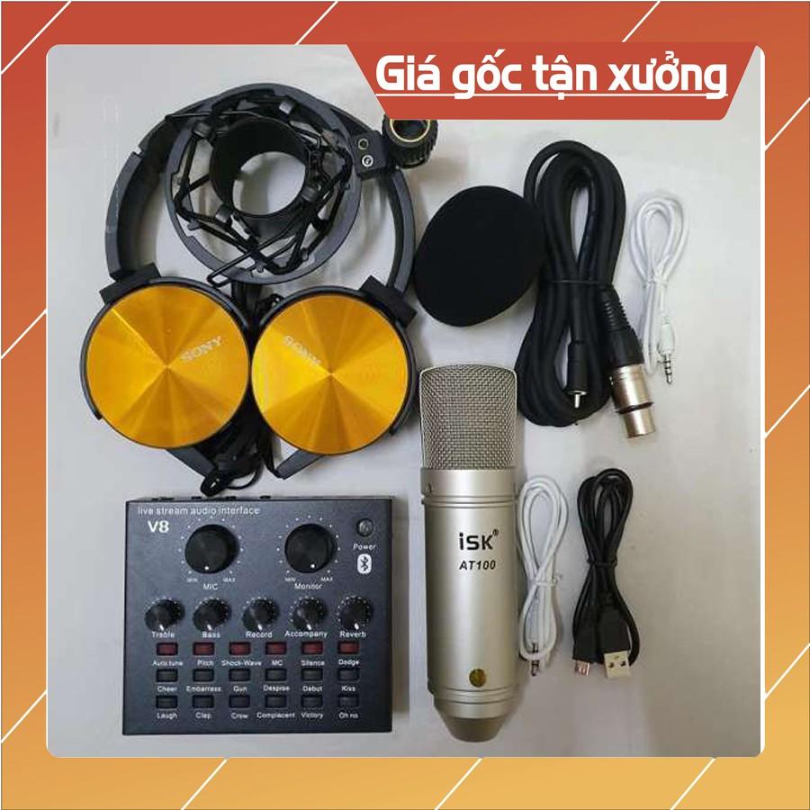 combo livestream SOUND CARD V8 autotune micro AT100 Tặng tai nghe chụp thu âm siêu hay