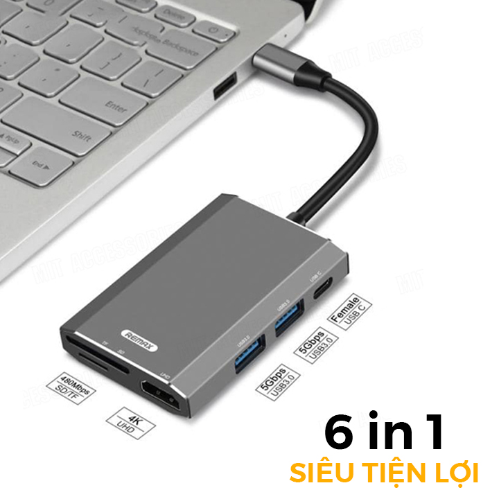 Hub chuyển đổi Remax RU-U30 6 in 1 cổng Type C ra USB 3.0 + HDMI + Đầu đọc thẻ nhớ - Hàng nhập khẩu