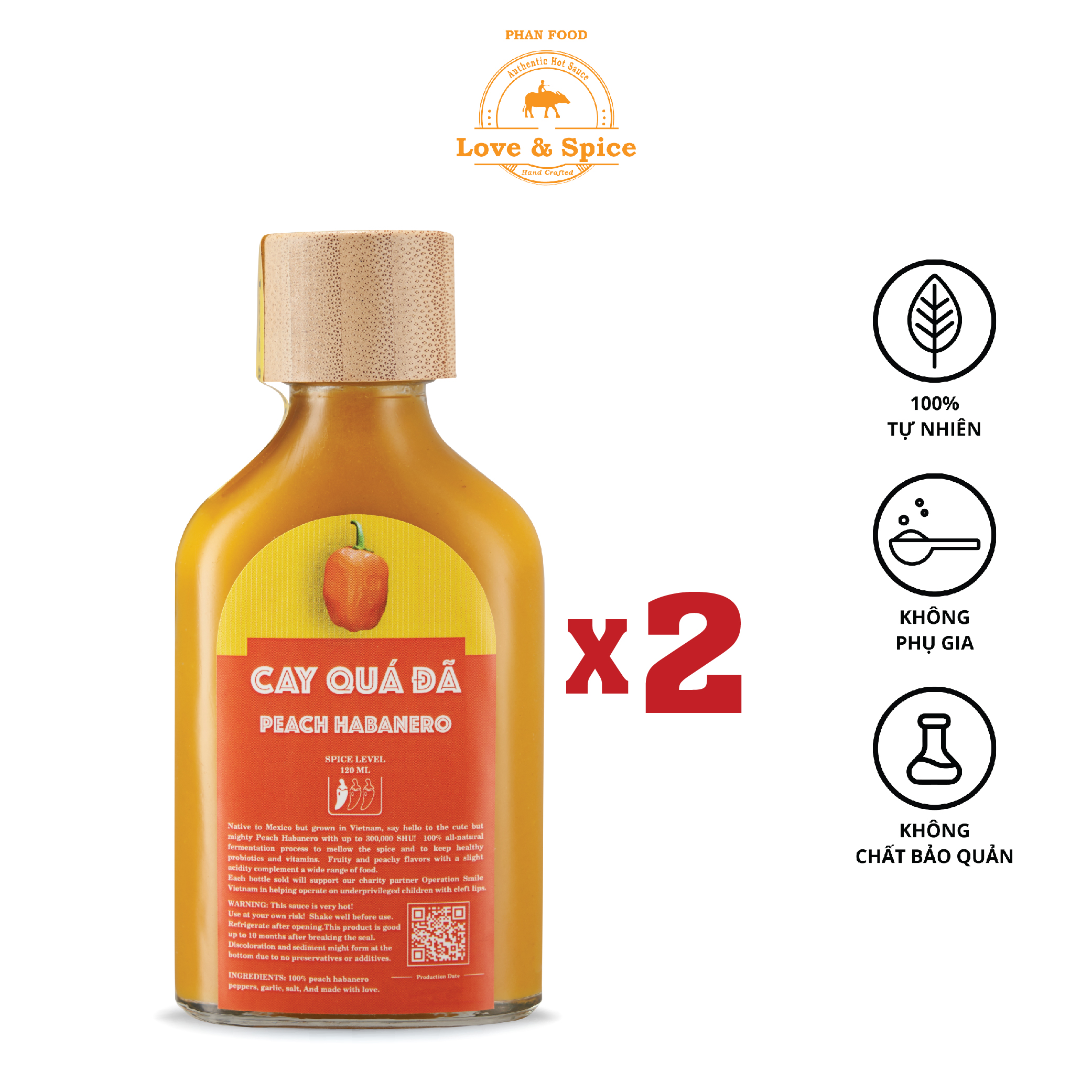 CAY QUÁ ĐÃ - Combo 2 chai tương ớt siêu cay Love &amp; Spice (cấp độ 1) lên men tự nhiên từ ớt Peach Habanero chai 120ml x 2