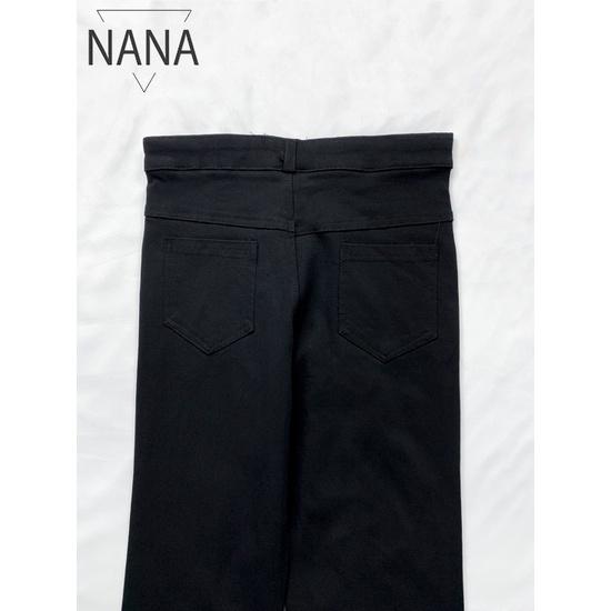 Quần jean giấy nữ cạp cao EMIX (màu đen), dáng dài 90cm, ống ôm và loe, xẻ trước, chất vải jean giấy co giãn 899