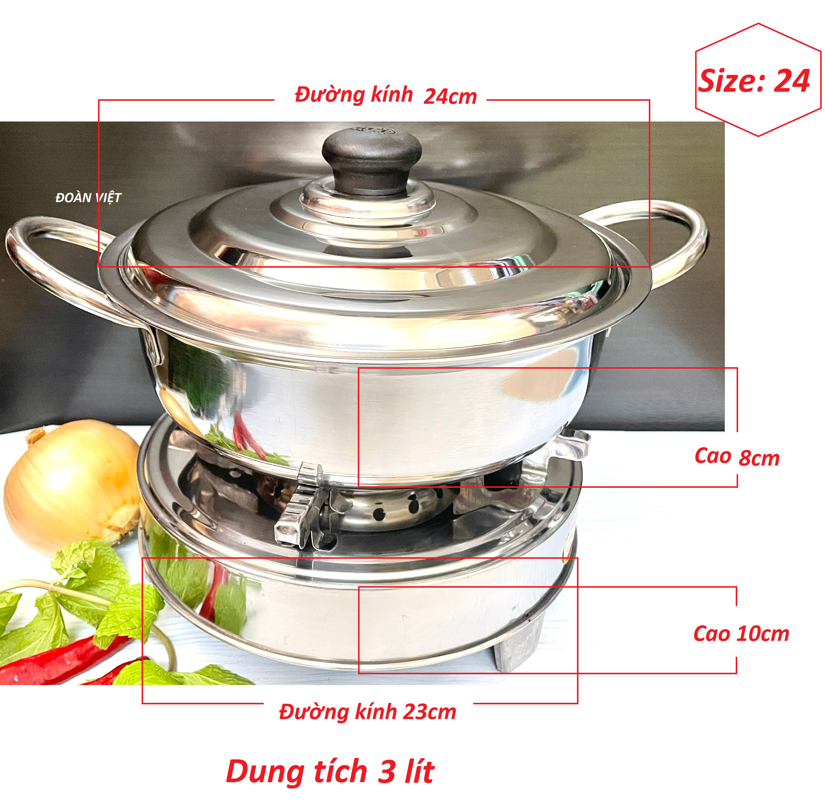 COMBO Bộ NỒI LẨU + BẾP CỒN Size24 - Bộ Nồi Lẩu Bếp INOX sử dụng cồn. Dụng cụ bộ NỒI LẨU BẾP CỒN dùng chuyên nghiệp cho QUÁN ĂN NHÀ HÀNG