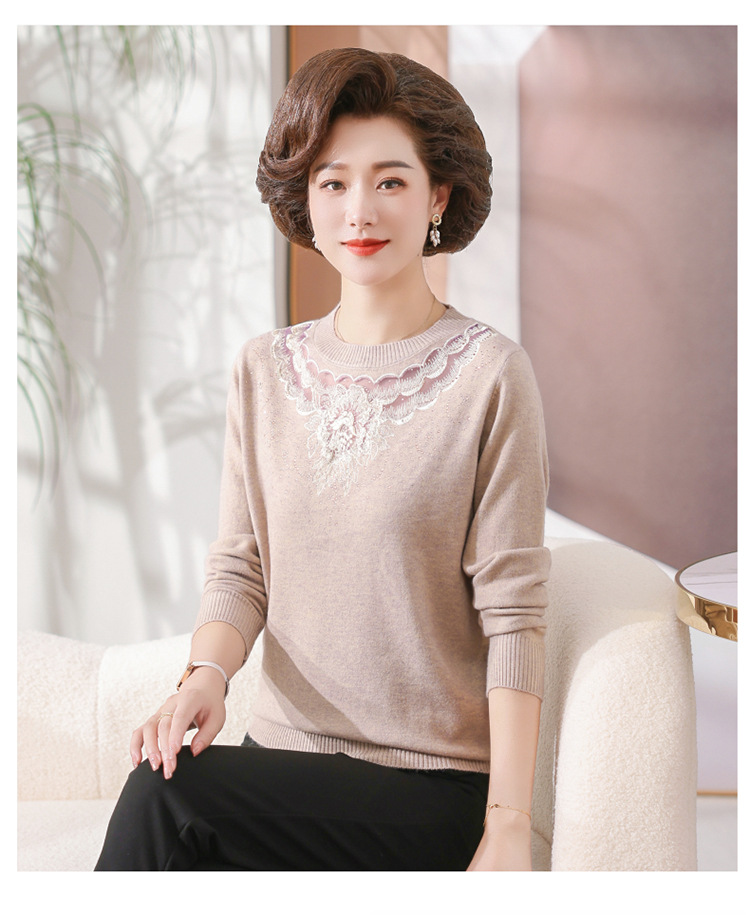 Áo Len Cổ Tròn Phối Ren Thời Trang Mùa Thu Của Mẹ AL85 - Hàng Quảng Châu Cao Cấp