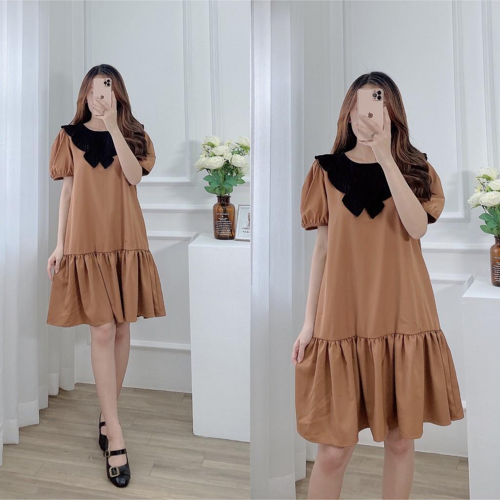Váy suông đuôi cá cổ bèo phối màu, đầm xuông rộng freesize tay bo phồng, 3 màu mã V209 - Michi's House