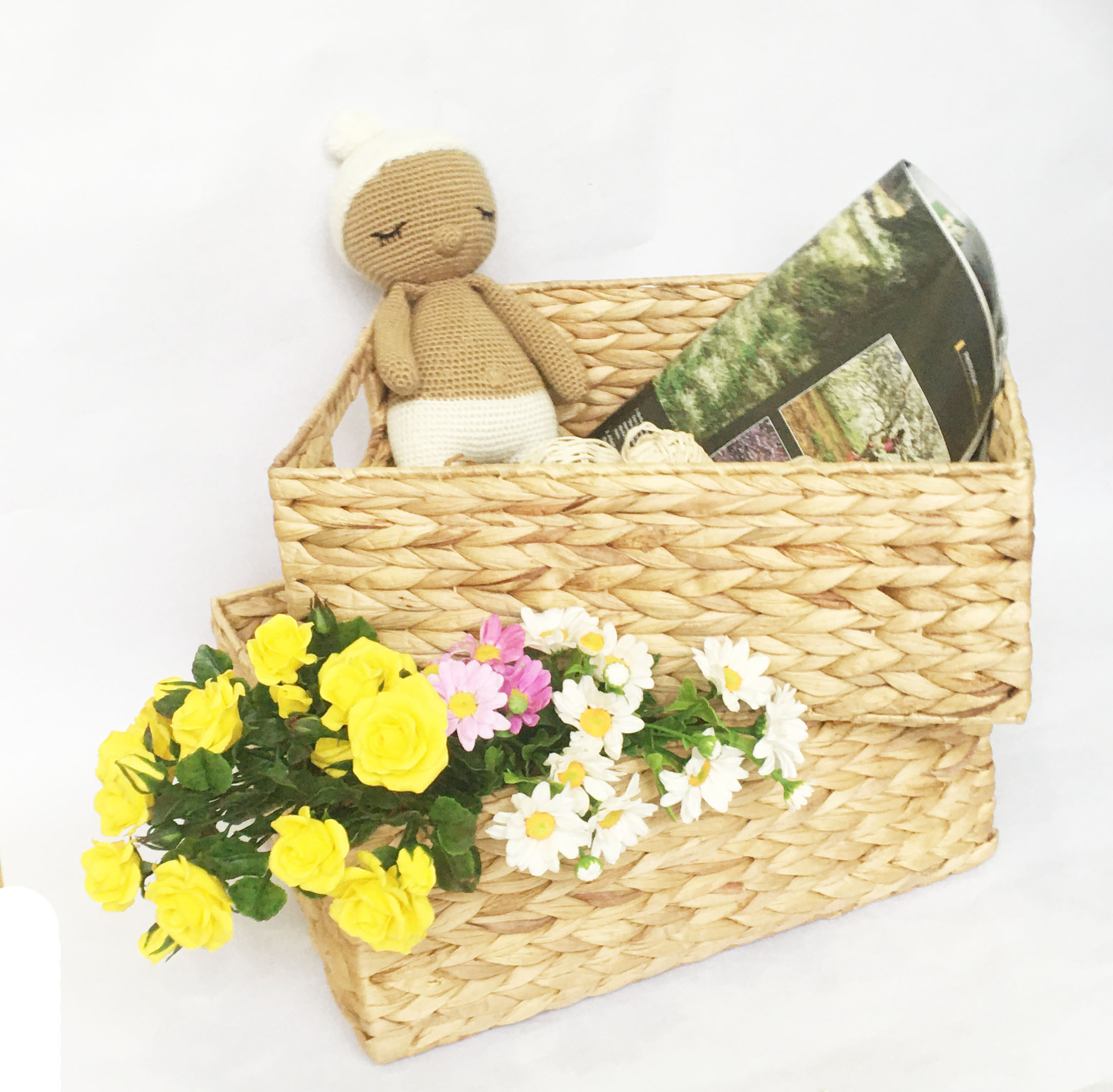 Sọt Giỏ Lục Bình chữ nhật đa năng - giỏ bèo tây khung sắt có tay cầm handmade vintage KT D36xR27xC14cm