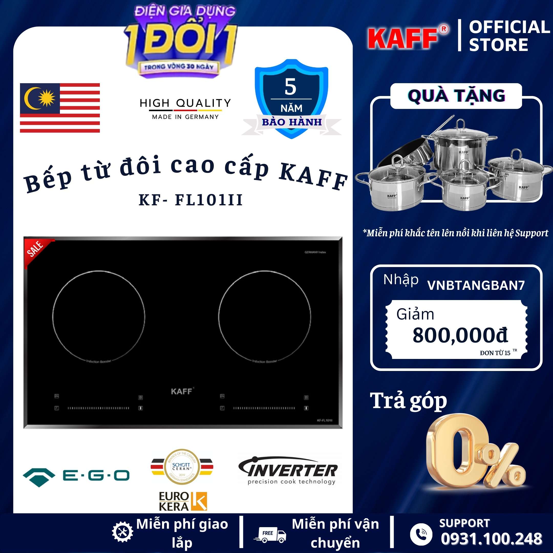 Bếp âm từ đôi nhập khẩu Malaysia KAFF KF-FL101II - Hàng chính hãng