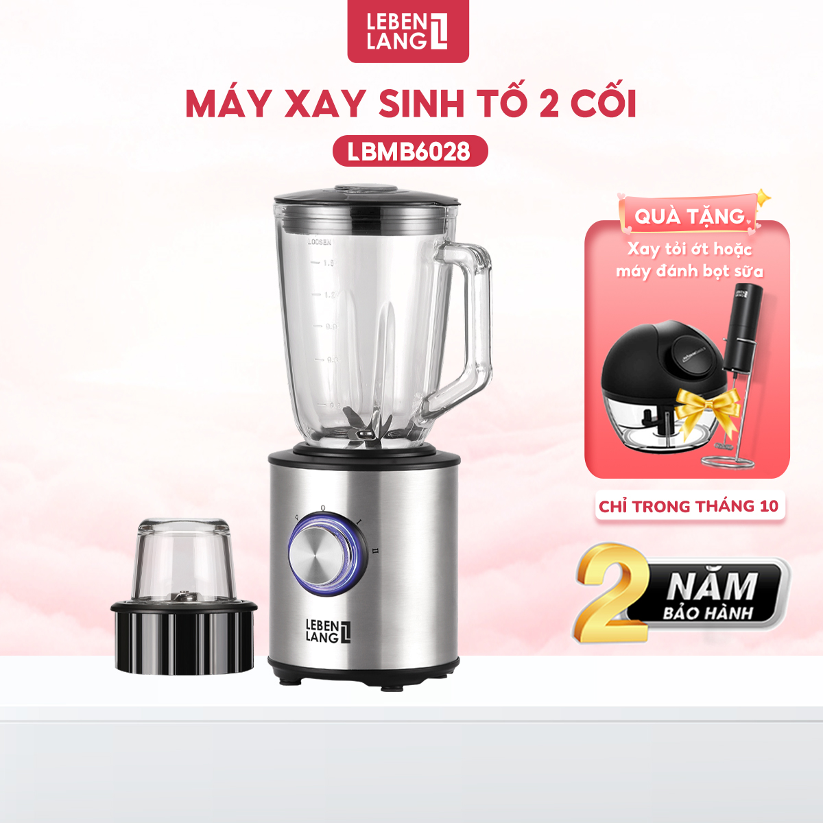 Máy xay sinh tố LEBENLANG gồm 2 cối xay tích hợp bình chứa dung tích 1,5l, công suất 800W, model LBMB6028 - hàng chính hãng
