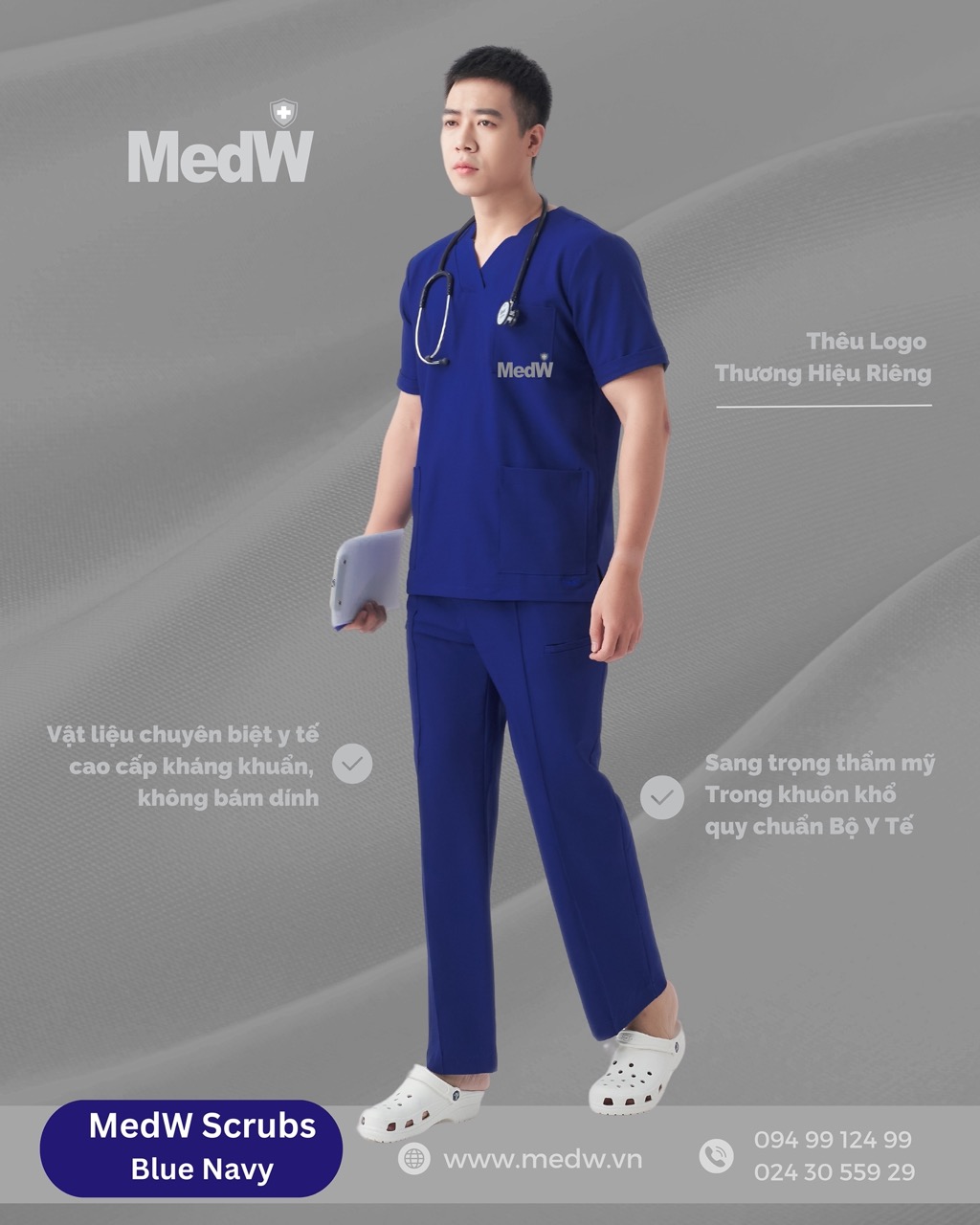 MedW Zeus Scrubs Y Tế Blue Navy (Nam) Xanh Navy Bộ Trang Phục Bác Sĩ, Điều Dưỡng Phòng Khám Chuyên Khoa Đa Khoa, Vật Liệu Cotton Nhật Không Bám Dính, Xếp Ly Không Nhăn, Dáng Suông Vận Động Tự Do. MedW Thêu Tên Logo Thương Hiệu Riêng