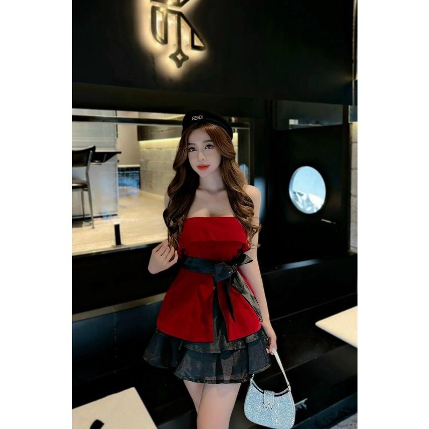 SET 2 MÓN ÁO CÚP NGỰC CÓ BE XẺ TÀ DÁNG DÀI MIX CHÂN VÁY NGẮN XÒE CỰC SANG CHẢNH
