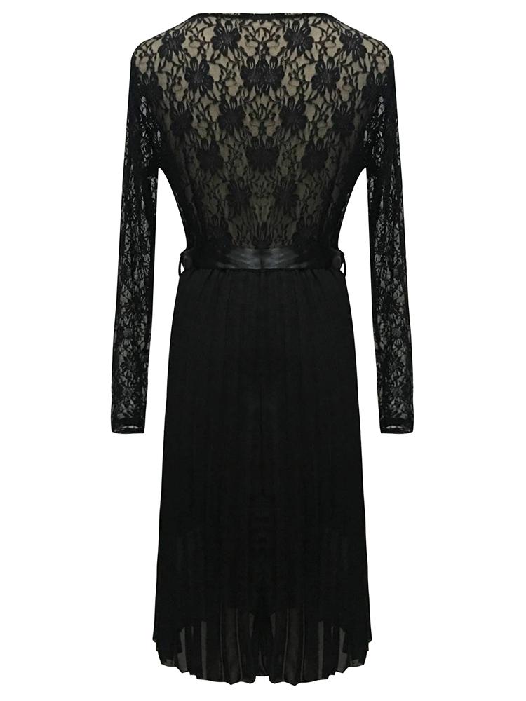 Women Autumn Sexy Dress Lace Deep V-neck Long Sleeve Self-tie Bandage Ruffle Hem Party Slim Bodycon Dress Black