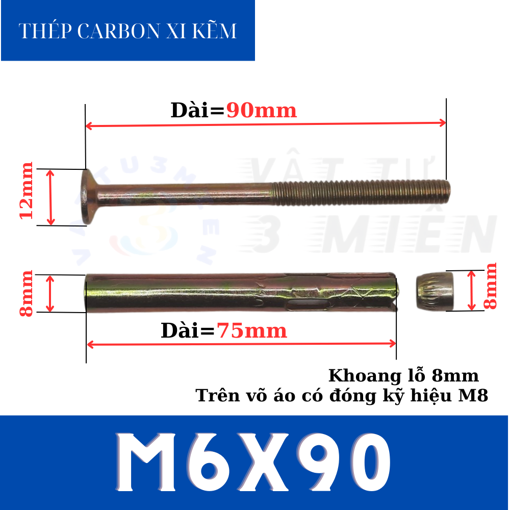 Tắc kê nở M6x90 đầu vít ba ke sắt xi kẽm