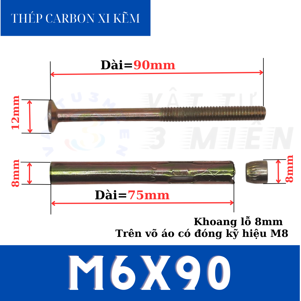 Tắc kê nở M6x90 đầu vít ba ke sắt xi kẽm ( Bu lông nở đầu vít ba ke / Vít nở đóng tường )