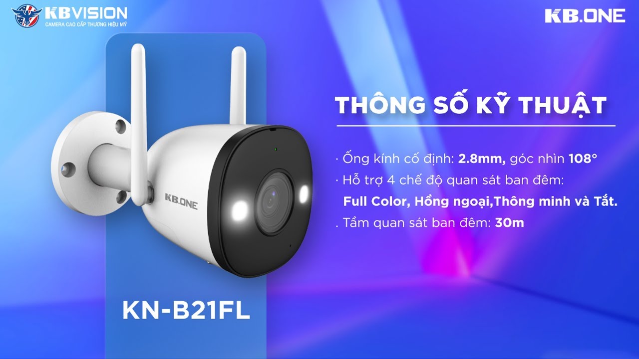 Camera IP WIFI NGOÀI TRỜI KBVISION KBONE B21FL  Full Color Đàm Thoại 2 Chiều, Ban Đêm Có Màu - Hàng Chính Hãng