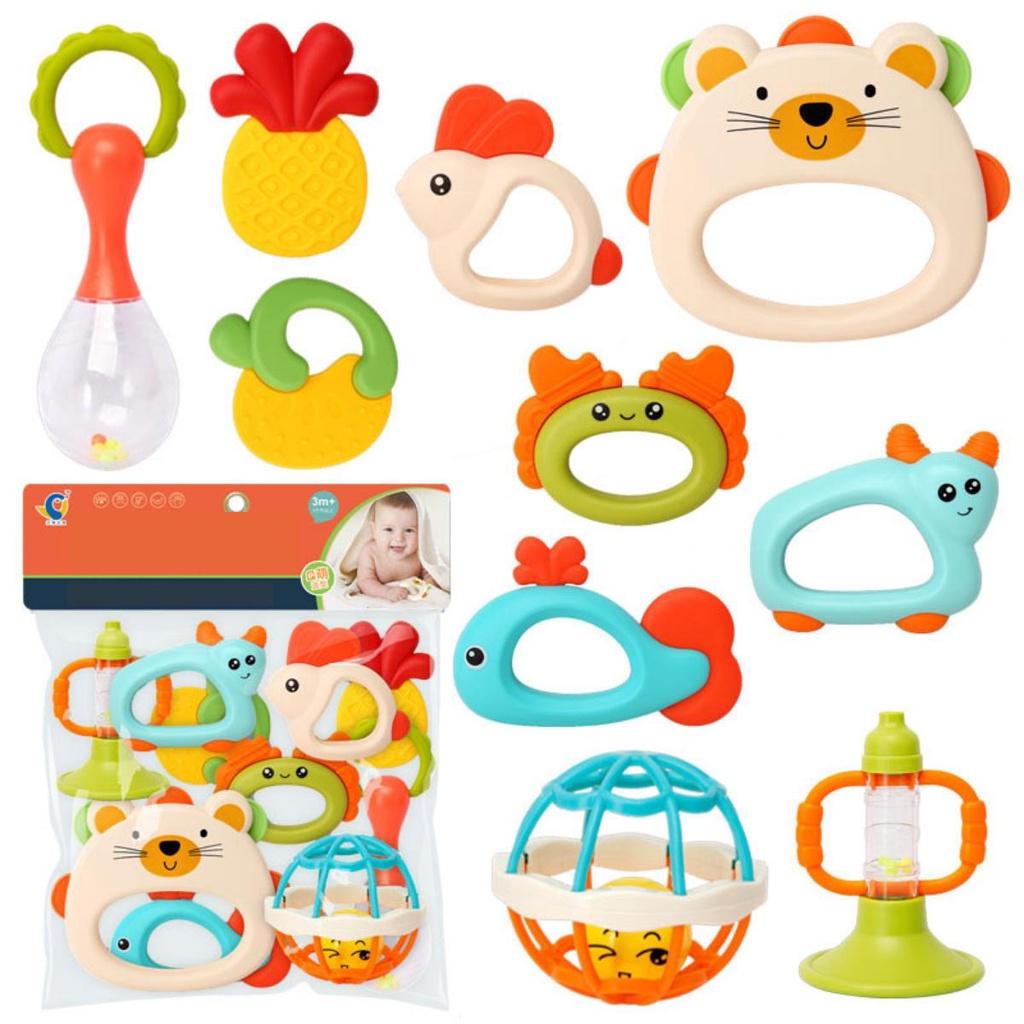Bộ 10 món đồ chơi xúc xắc kèm gặm nướu cho bé, lục lạc kèm gặm nướu chất liệu nhựa ABS và silicon cao cấp
