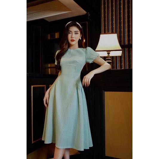 VÁY XỐP TAY BỒNG MÀU XANH CHO NỮ