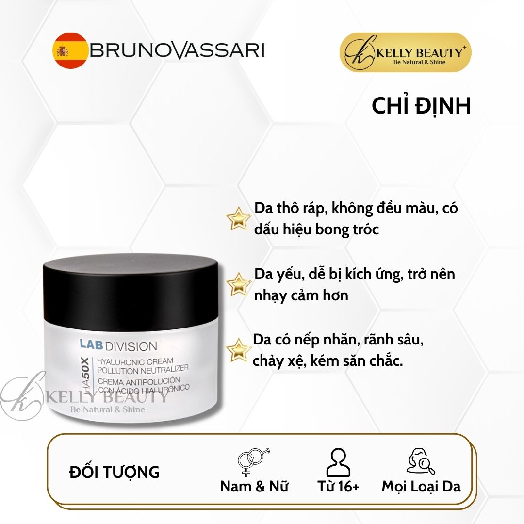 Kem Dưỡng Ẩm Bruno Vassari HA50X Hyaluronic Cream Pollution Neutralizer - Chống Ô Nhiễm, Căng Mịn Làn Da | Kelly Beauty