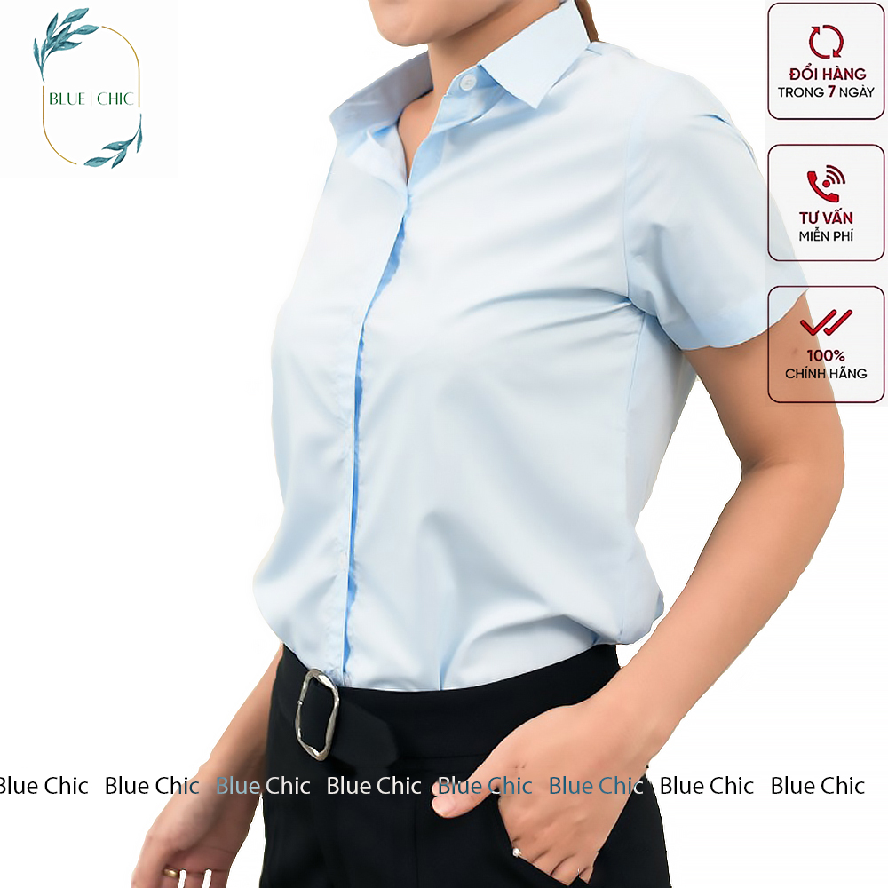 Áo sơ mi nữ Blue Chic tay ngắn form suông màu trắng xanh sơmi cộc thời trang công sở