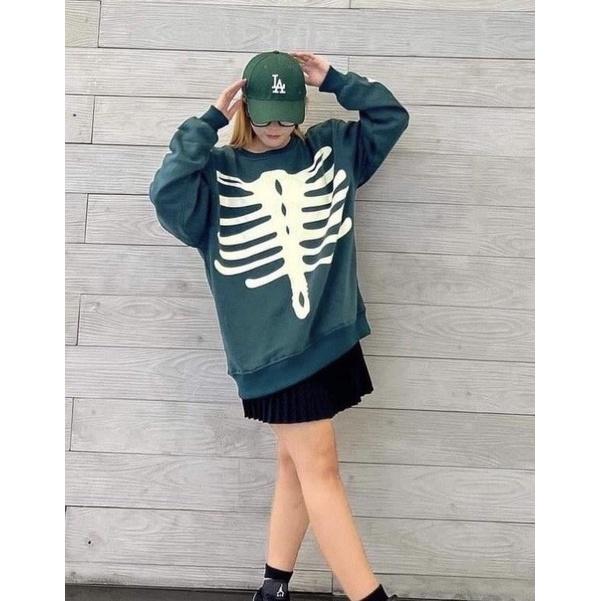 Áo Sweater Nỉ Bông Họa Tiết In Bộ Xương Form Rộng Unisex Nam Nữ Ulzzang