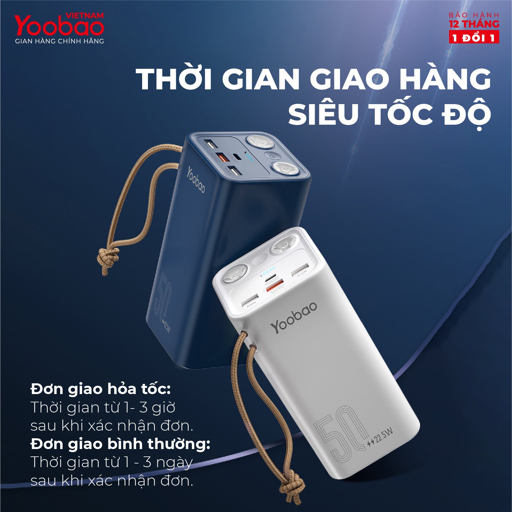 Pin sạc dự phòng YOOBAO H5 dung lượng 50000 mAh, tích hợp đèn pin siêu sáng, hỗ trợ các giao thức sạc nhanh Hàng chính hãng - BH12T