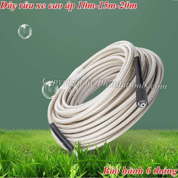 Cuôn dây rửa xe cao áp 10m-15m-20m cho máy rửa xe-Tặng kèm khớp nối dài dây rửa xe-Màu Trắng