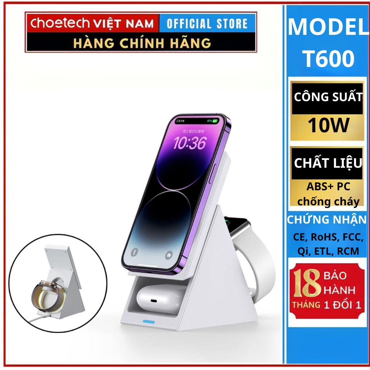 Giá đỡ điện thoại mag-safe tích hợp sạc không dây 3in 1 Choetech T600 dùng cho iphone, tai nghe và cho apple watch