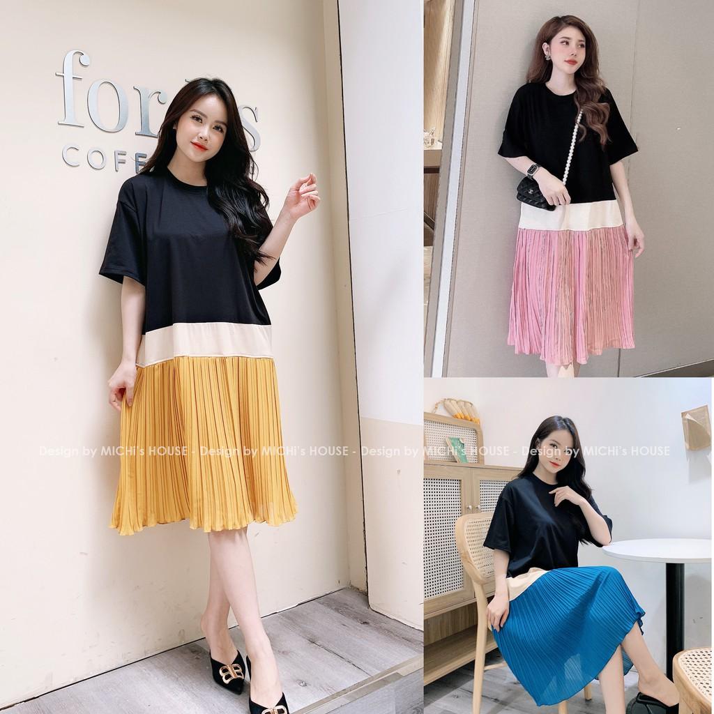 Váy thun suông phối màu, chất cotton, chân xếp ly, đầm xuông rộng freesize, đủ màu, mã V224 - Michi's House