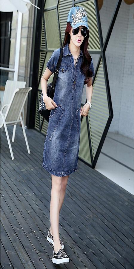 Đầm Jean Suông Cổ Sơ Mi Cao Cấp