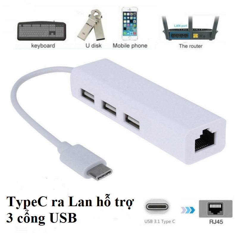 Cáp chuyển đổi USB-C/Type-C sang Lan  RJ45 cho laptop, Macbook, điện thoại hỗ trợ 3 cổng USB - Hàng nhập khẩu