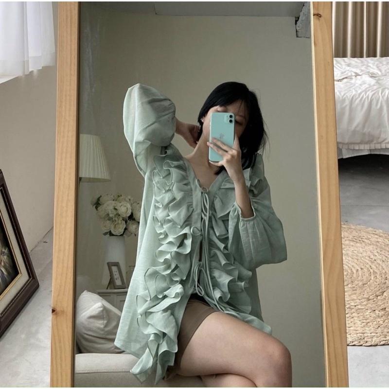 Áo Viền Bèo Thắt Nơ Trước Áo 2 Màu Xanh, Trắng Siêu Xinhh