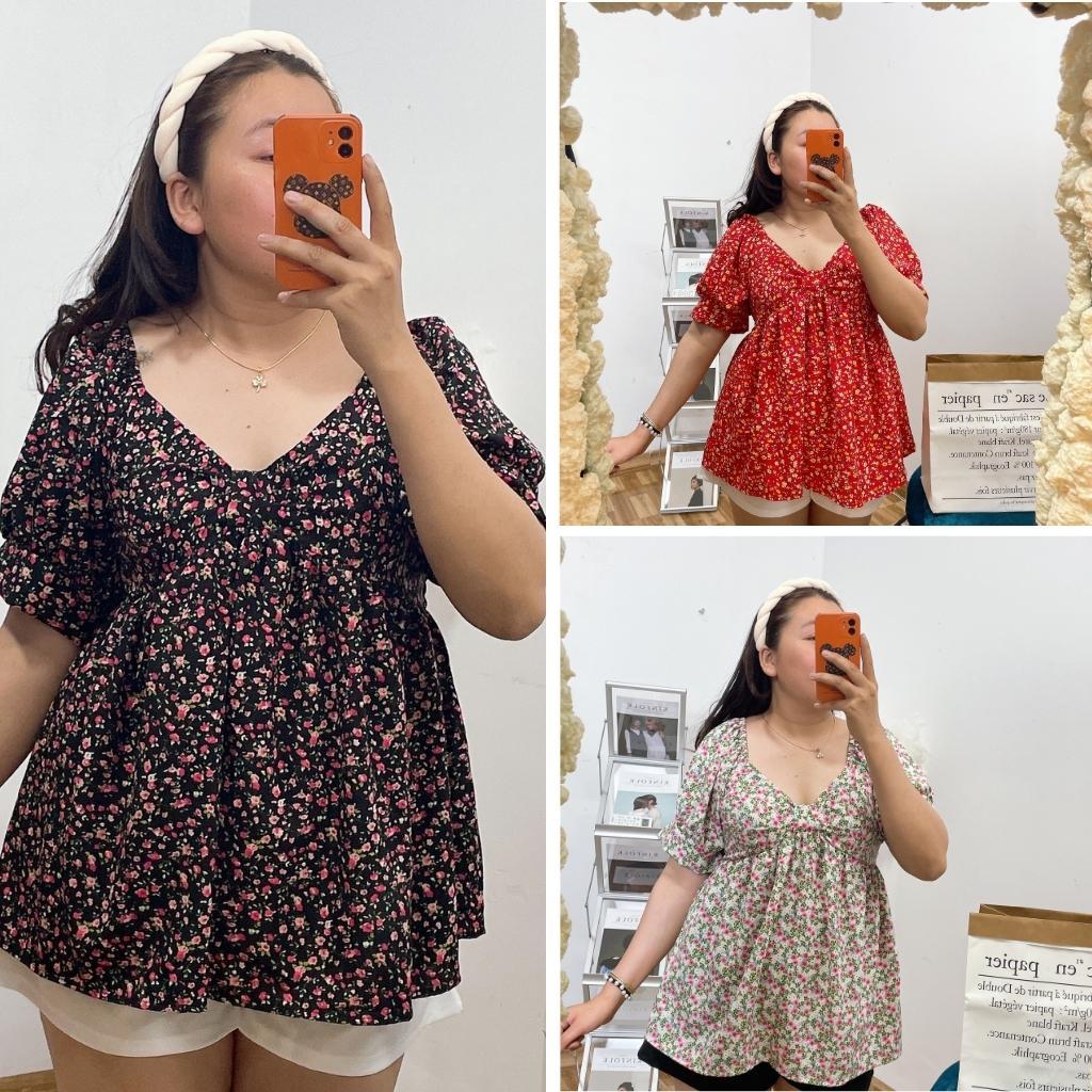 Áo babydoll bigsize nữ hoạ tiết hoa có chun sau 60-80kg AH1