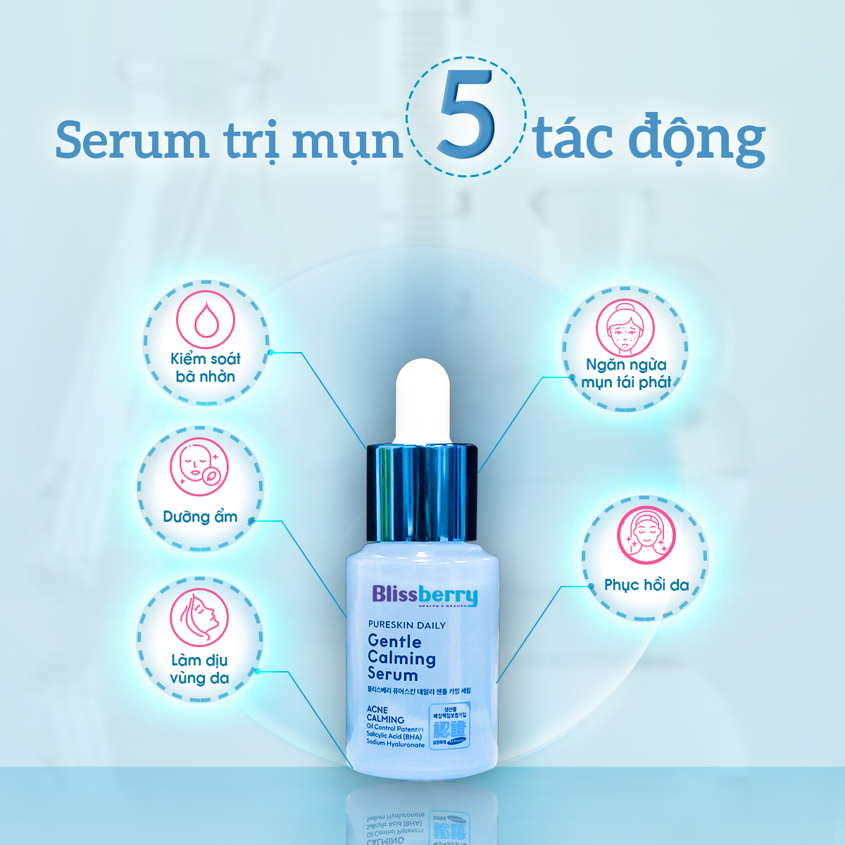 Combo trọn bộ chăm sóc da mụn Blissberry: Sữa rửa mặt 100ml, gel bôi mụn mini 5ml, kem chống nắng 60ml và serum 15ml