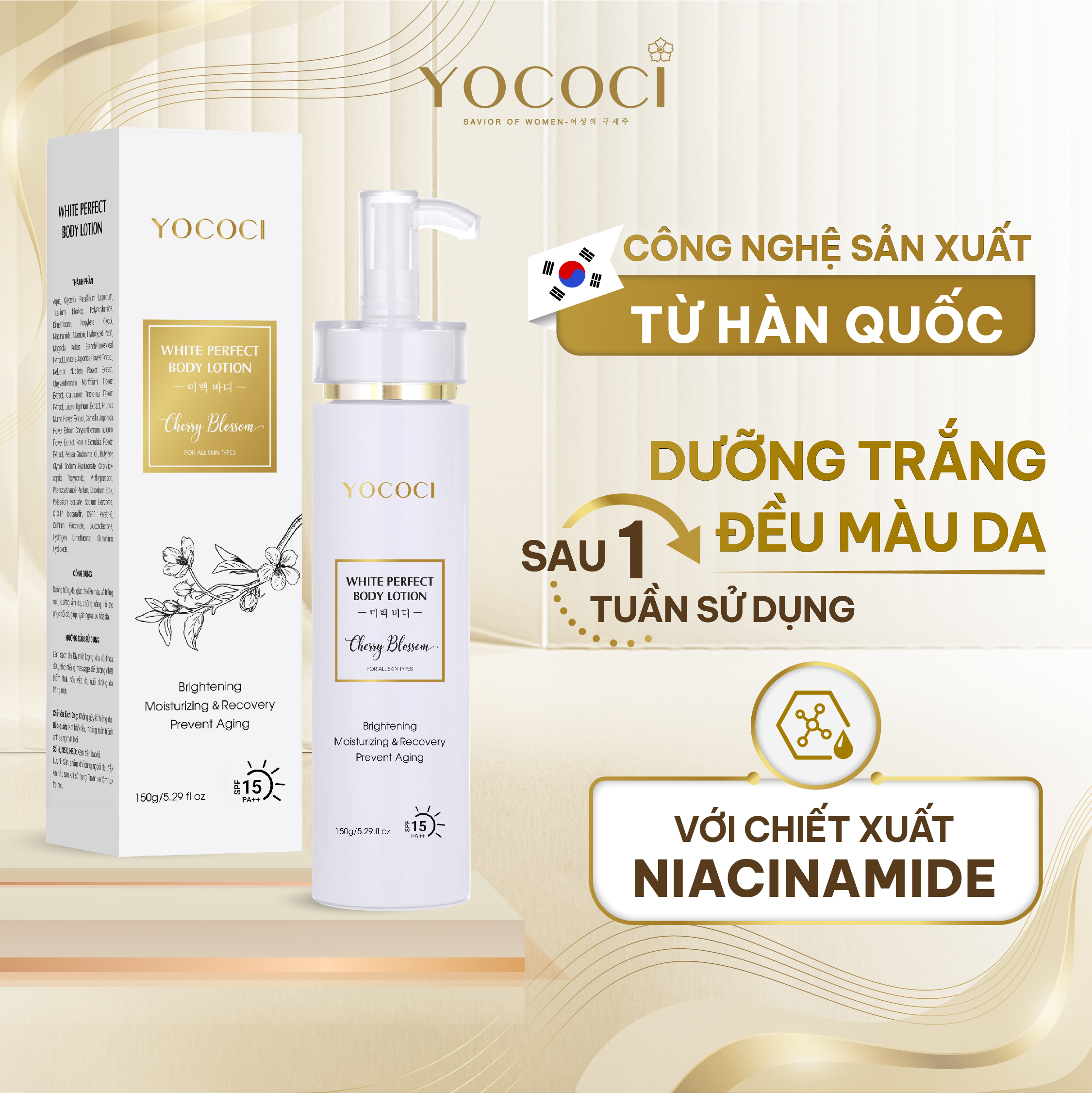 Kem dưỡng trắng da toàn thân Yococi giúp da trắng mịn, ngăn ngừa lão hoá White Perfect Body Lotion 150g