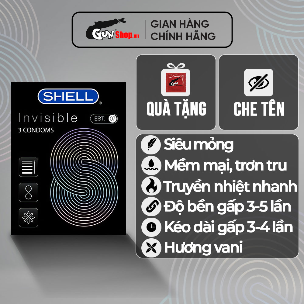 Bao cao su Shell Invisible - Siêu mỏng, chống tuột, kéo dài thời gian - Hộp 3 cái
