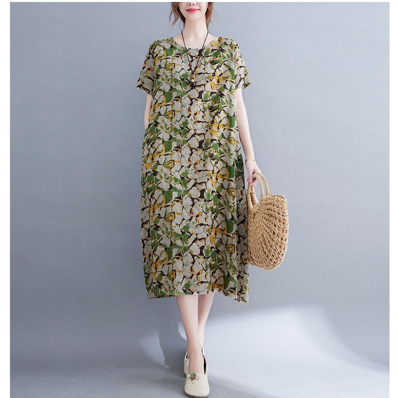 Đầm Linen nữ dáng suông hoa nhí thiết kế cơ bản cổ tròn ngắn tay, chất liệu linen mềm mát Đũi Việt