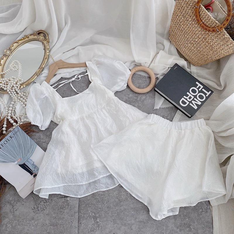 SET ÁO BBD TRẮNG NƠ DÂY LƯNG + SHORT