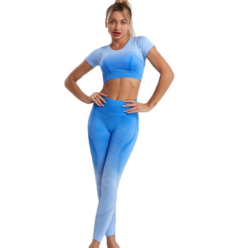 Bộ đồ tập gym nữ croptop tay ngắn, bộ tập yoga aerobic dệt kim co giãn quần dài áo thun croptop tay ngắn
