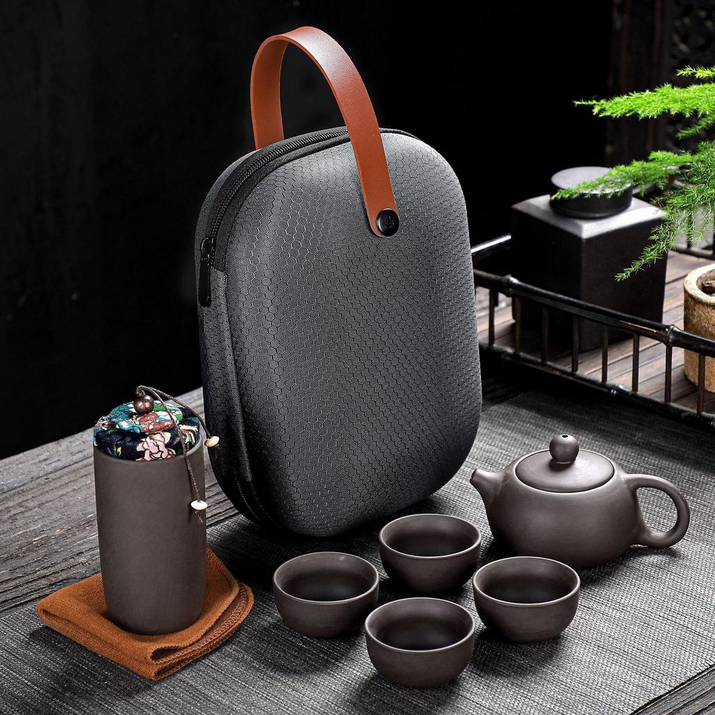 Bộ ấm chén uống trà Tử Sa du lịch 6 chén 12 món kèm khay đựng kèm túi đựng cao cấp,thiết kế sang trọng làm quà biếu tặng