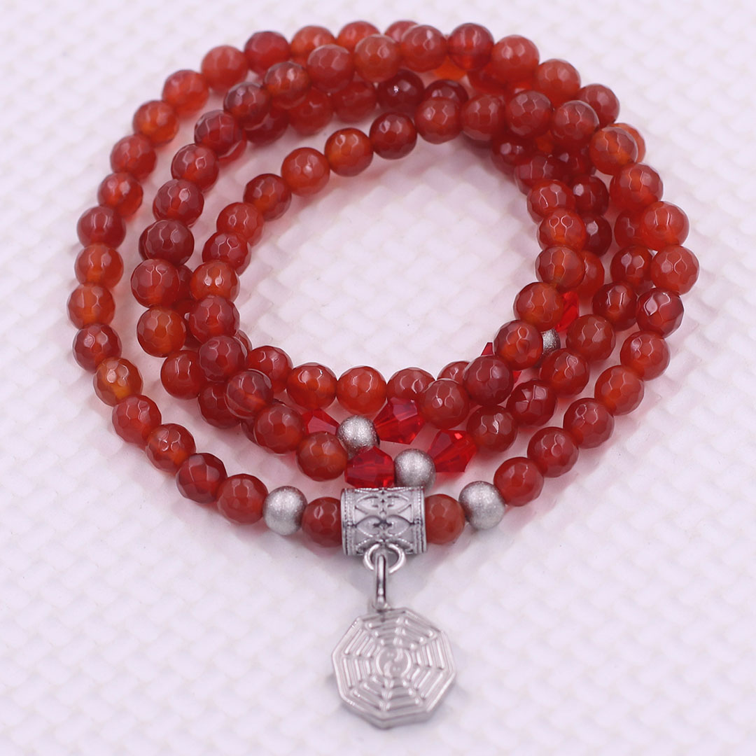 Vòng chuỗi 108 hạt mã não đỏ cắt giác 6 ly charm bát quái inox - vòng chuỗi niệm Phật, vòng tay chuỗi hạt