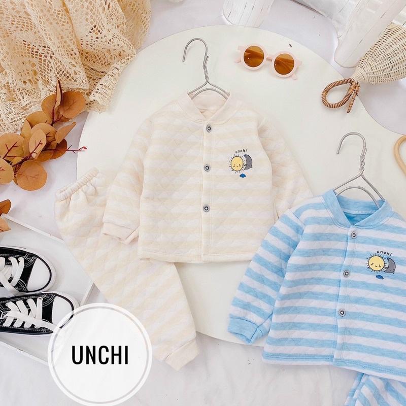 Bộ dài tay nỉ xốp cao cấp UNCHI cho bé cúc giữa, Bộ dài tay thu đông cho bé