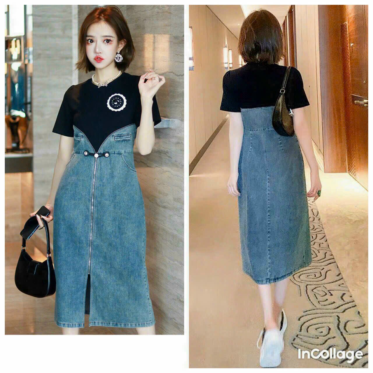 ĐẦM BODY JEAN PHỐI THUN KHÓA EO