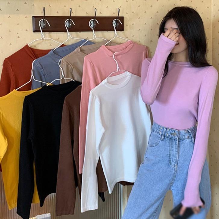Áo Thun Tay Dài Cổ Tròn Màu Trơn Thiết Kế Đơn Giản Dành Cho Nữ