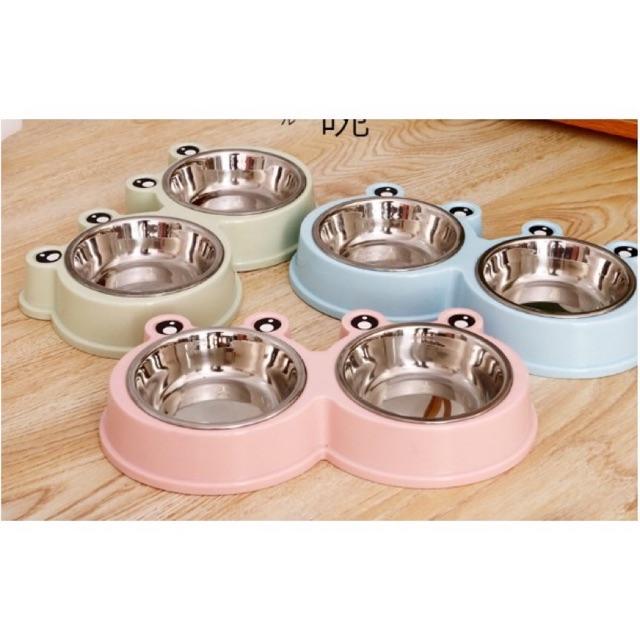 Bát ăn đôi inox hình mặt ếch dễ thương cho chó mèo