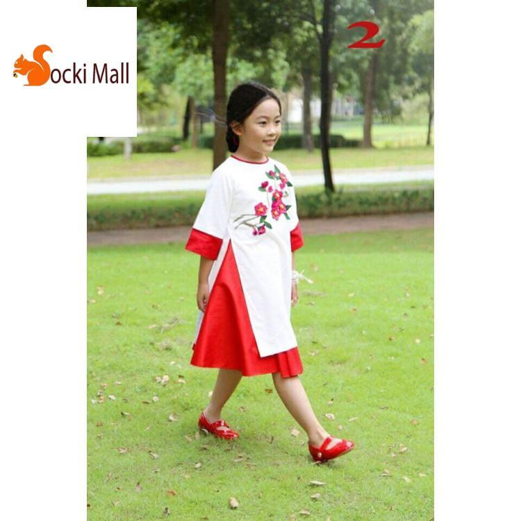 Thời trang trẻ em - Áo dài thêu hoa kết hợp váy bé gái duyên dáng