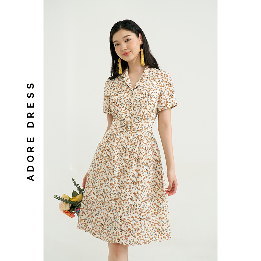 Đầm mini dresses lụa cream hoa nhí nâu cổ 2 ve 311DR1049  ADORE DRESS