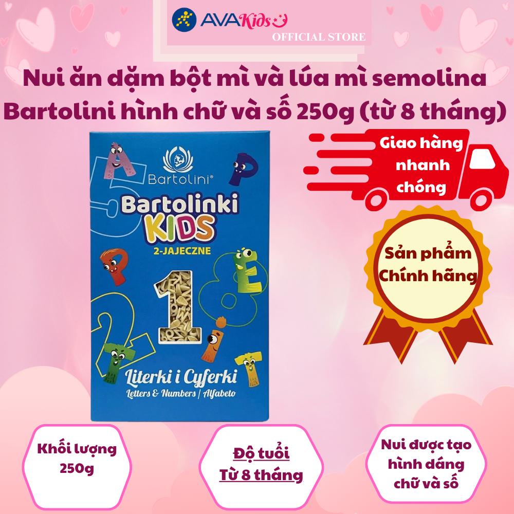Nui ăn dặm bột mì và lúa mì semolina Bartolini hình chữ và số 250g (từ 8 tháng)