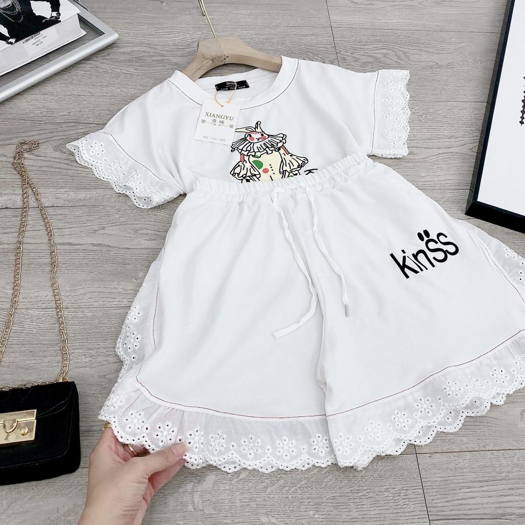 Đồ bộ đi chơi nữ Set áo croptop mix quần sooc phối viền ren bánh bèo, Áo crt tay rộng mix quần sooc viền ren cực xinh