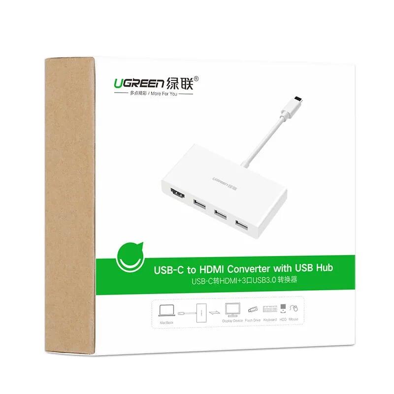 Ugreen UG40374MM132TK 15CM màu Trắng Bộ chuyển đổi TYPE C sang 3 USB 3.0 + HDMI bọc nhựa ABS - HÀNG CHÍNH HÃNG