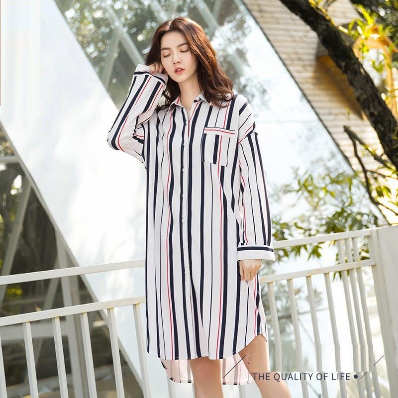 Váy sơ mi mặc nhà, mặc ngủ vải thun cotton họa tiết kẻ sọc trẻ trung