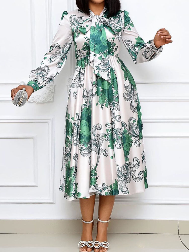 Vintage Women Midi Dress Elastic High Waist Long Puff Sleeve Bow Floral Print Ruffles Dress